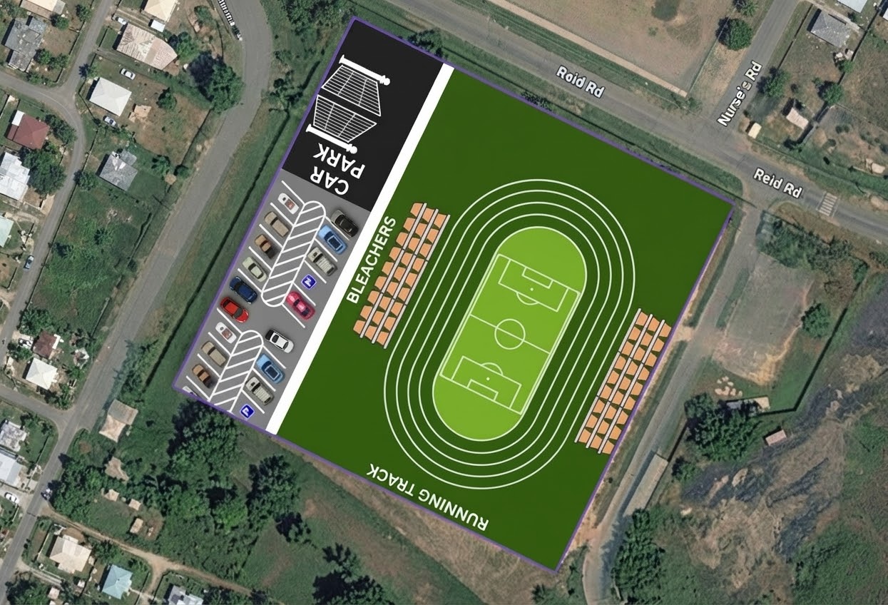 Site plan rendering of the Point Fortin Secondary School grounds rehabilitation project, showing a running track, football field, bleachers, and car park